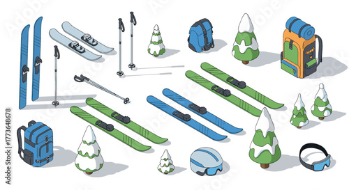 Isometric ski equipment and winter trees set for outdoor adventures