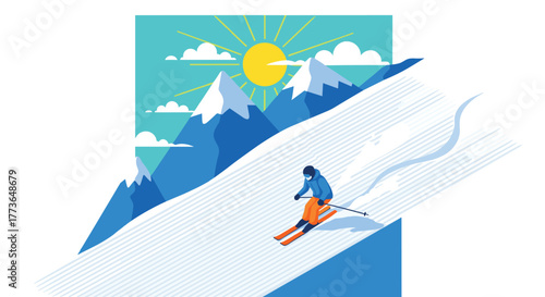 Dynamic winter sport adventure with skiers on pristine snow in mountain landscape