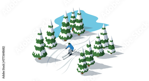 Alpine skier navigating snowy pine forest in isometric winter landscape