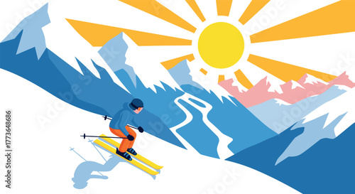 Vibrant winter sports scene with skier on sunny mountain slope