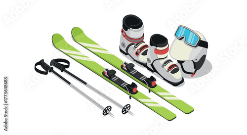 Modern ski equipment set with boots, goggles, poles and skis in isometric view