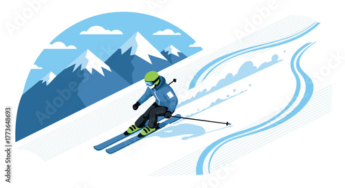 Winter skiing adventure with skier on slopes and snowy mountain background