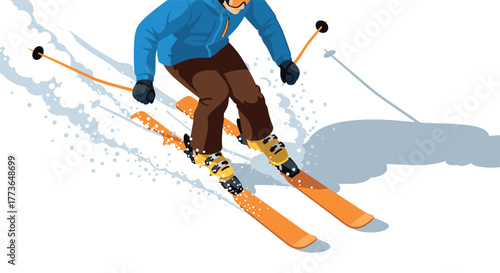 Dynamic winter sports skier in motion with snowy trail