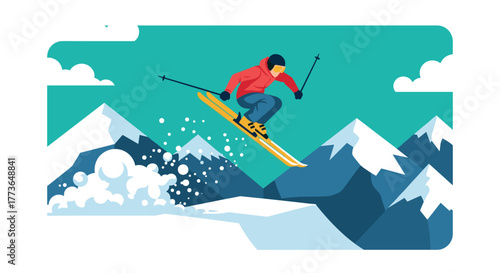 Dynamic ski jumper in action against majestic mountain backdrop