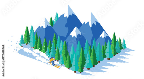 Isometric winter adventure skier gliding through snowy mountain landscape