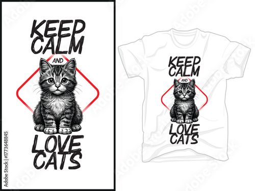 T-shirt print design, Keep Calm And Love Cats Graphic Tee Design with Cute Kitten Portrait With Red Diamond Frame.