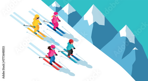 Skiers descending snowy mountain in colorful isometric style with majestic peaks