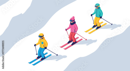 Colorful isometric skiers on snowy mountain slope in winter sportswear