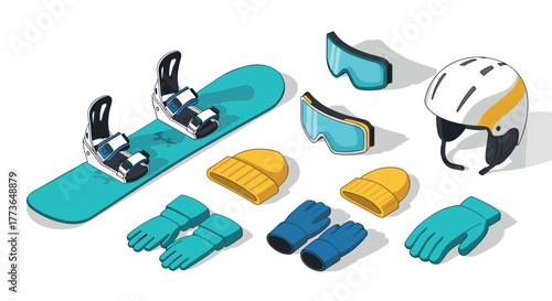 Winter snowboarding equipment in isometric style featuring helmet, goggles, gloves, and more
