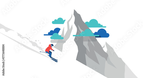 Stylish flat design of skier descending mountain with dynamic clouds and snow