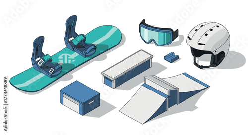 Isometric snowboarding gear collection with equipment and accessories