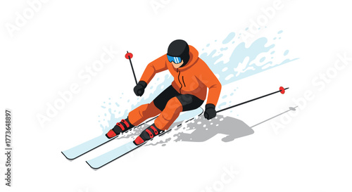 Isometric skiing adventure with dynamic snow splash and modern gear