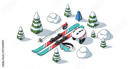 Isometric winter sports equipment with snowy trees and accessories