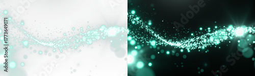 Green stardust, waves of light spreading across a black background. Green dust light bokeh , glitter particles and dust. . Magical glow PNG background. Sparkling light , dust PNG. 光