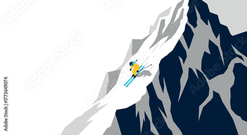 Minimalist mountain adventure skier descending steep snowy slope in winter landscape