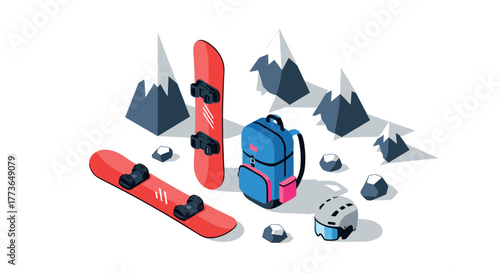 Isometric winter sports equipment featuring snowboard, backpack, and mountains