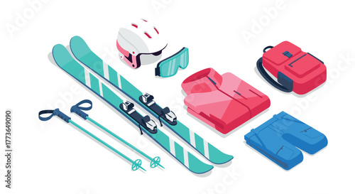 Isometric winter sports gear ski equipment, clothing, and accessories in modern style