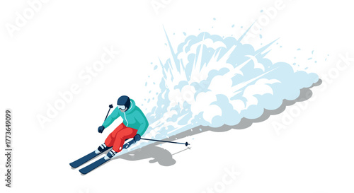 Dynamic isometric skier racing downhill with snow splash in winter sports scene