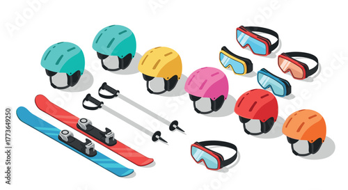 Colorful ski gear collection with helmets, goggles, and skis in isometric style