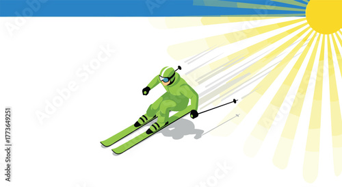Isometric skier in green suit racing down slope under bright sun rays