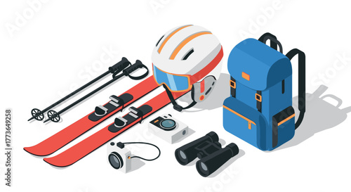 Isometric winter sports equipment with ski gear, helmet, and backpack on white background