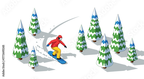 Isometric winter scene with snowboarder navigating snowy trees