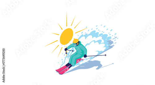 Dynamic skiing adventure in snowy mountains with bright sunshine