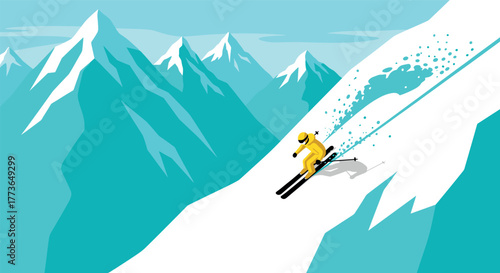 Skier descending snowy mountain slope in minimalist style with blue sky background