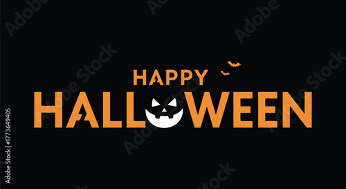 Vector Typography of happy Halloween greeting with pumpkin face and bats on black background