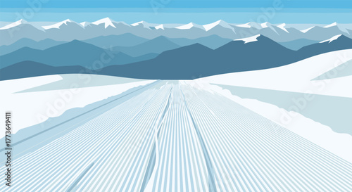 Scenic mountain landscape with snowy peaks and pristine ski tracks in flat style