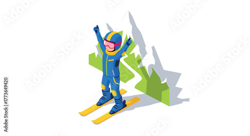 Isometric skiing adventure cheerful winter sports enthusiast in mountain landscape