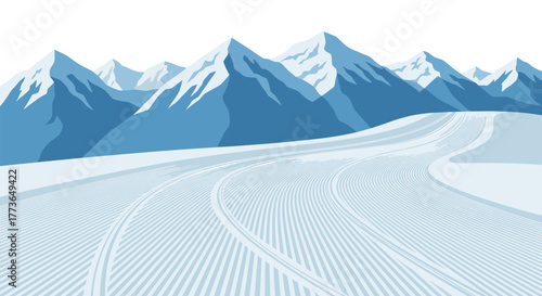 Snowy mountain landscape with curved ski tracks and blue peaks
