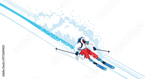 Dynamic skiing adventure in minimalist art style with snowy backdrop