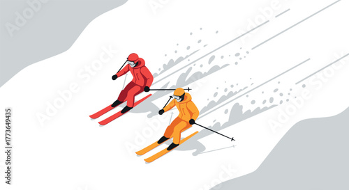 Dynamic isometric skiers racing down snowy slope in vibrant gear
