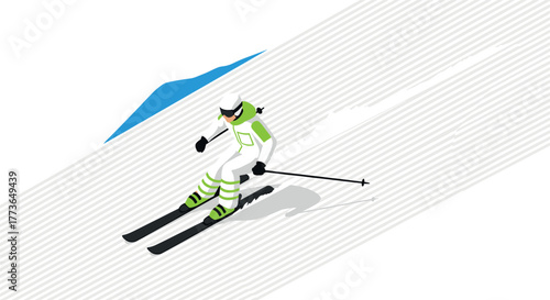 Isometric skier in action on slopes with modern geometric design