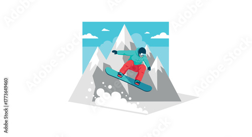 Dynamic snowboarding adventure with mountain landscape and clear blue sky