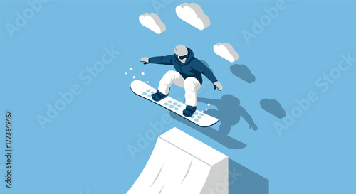 Snowboarder performing jump against blue sky with clouds in winter sport scene