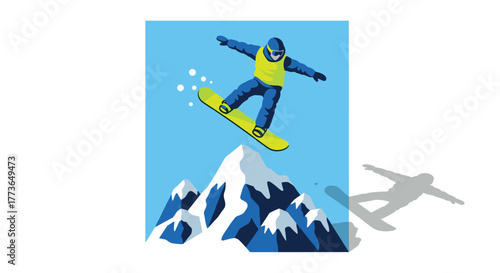 Snowboarder jumping over snowy mountain in colorful winter sports style