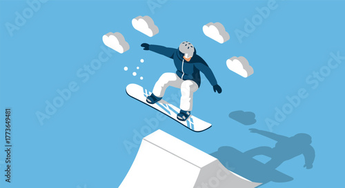 Dynamic snowboard jump with blue sky and clouds in isometric style