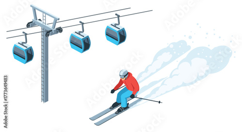 Isometric ski resort adventure with skier and cable cars in motion