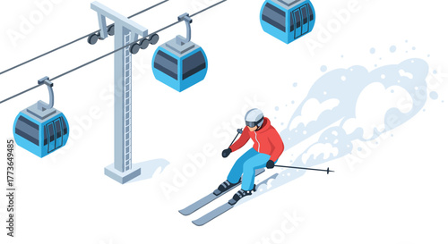Isometric winter skiing scene with skier and cable cars in motion
