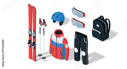 Isometric winter sports gear set with skis and snowboarding equipment