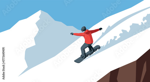 Winter adventure snowboarder in action on sunny mountain slope