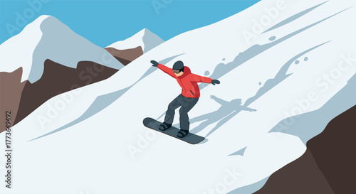 Snowboarding adventure in mountain landscape with minimalist design