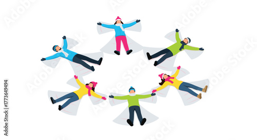 Group of friends making snow angels in a circle on a winter day