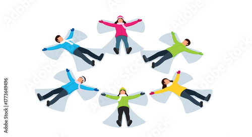 Diverse group of people making snow angels in circular formation during winter fun