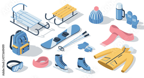 Winter sports and accessories in isometric style featuring sled, snowboard, and warm clothing