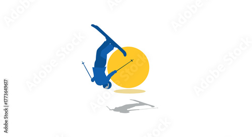 Minimalist ski jumper in midair against bright sun background