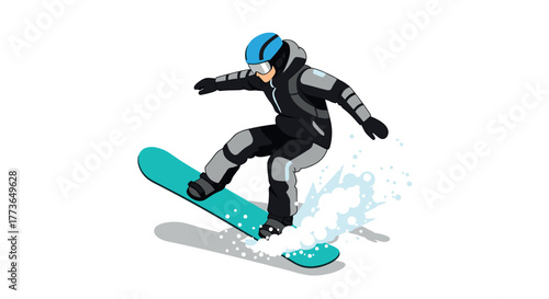 Snowboarder in action wearing winter gear and a blue helmet