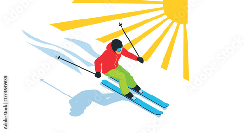 Isometric skier in bright gear enjoying a sunny day on the slopes
